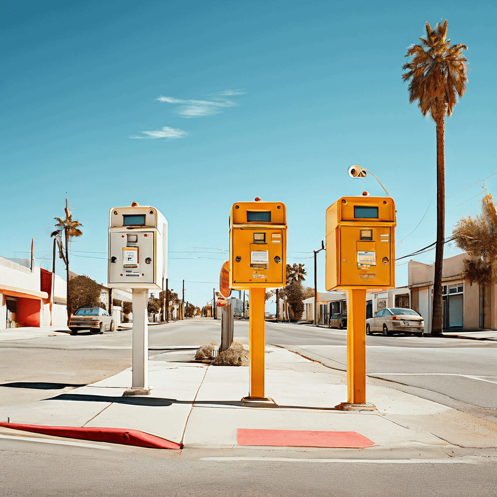 일상적인 우체통과 가로등으로 위장한 과속 단속 카메라가 평범한 도시 생활의 순간들을 포착하는 초현실적인 거리의 풍경을 담은 이미지입니다.