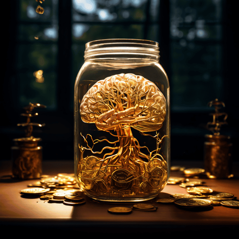 FOMO로 표시된 가시덩굴에 휘감긴 유리병 속 인간 두뇌가 놓치는 기회를 상징하는 금화를 표현한, 불안과 기회 상실의 심리적 갈등을 시각화한 이미지입니다.