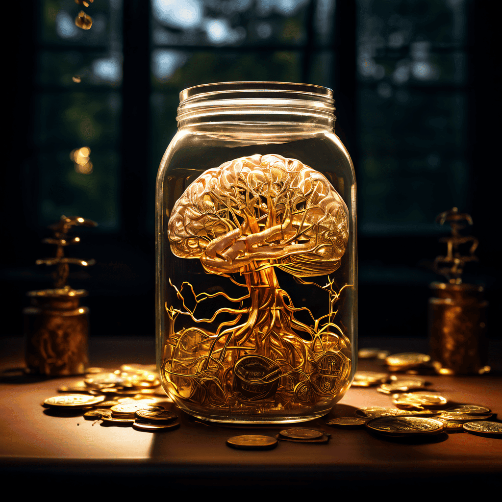 FOMO로 표시된 가시덩굴에 휘감긴 유리병 속 인간 두뇌가 놓치는 기회를 상징하는 금화를 표현한, 불안과 기회 상실의 심리적 갈등을 시각화한 이미지입니다.
