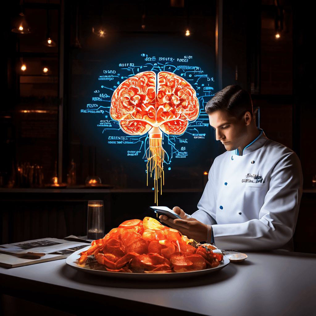 과다한 식사 제공으로 실패한 레스토랑과 대조적으로, 뇌의 포만 신호를 설명하는 과학적 도식이 빛나는 모습을 보여주는 이미지입니다.