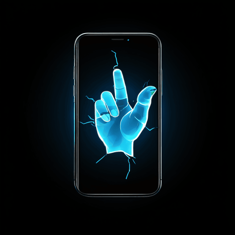 스마트폰 앱 아이콘이 유리처럼 갈라지며 업데이트 진행률 표시줄이 멈춰 있고, 주저하는 손가락을 심리적 덫처럼 둘러싸고 있는 상황을 표현한 이미지입니다.