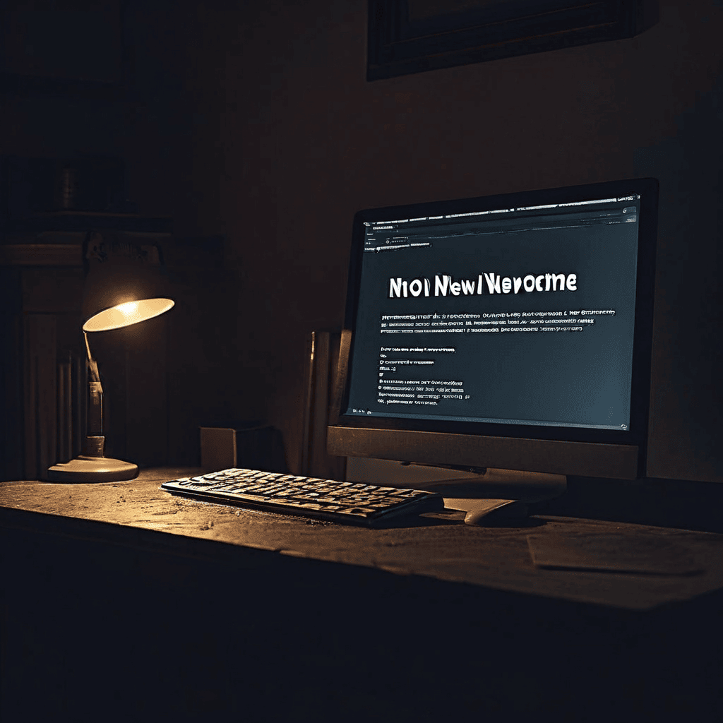 활성화되지 않은 웹사이트 포럼에서 먼지가 낀 모니터에 새로운 글이 없다는 메시지가 표시되고 고립된 커서만 깜빡이며 정체된 온라인 커뮤니티의 침묵을 상징적으로 드러내는 이미지입니다.