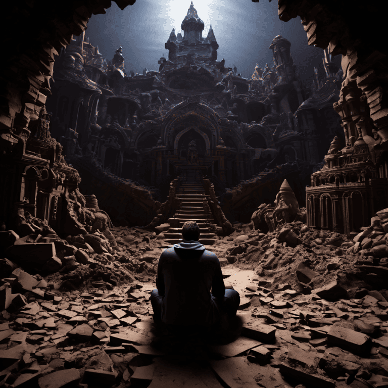 창작자의 정성스럽게 만든 모래성 예술작품이 거대한 저작권 표시 아래 무너지면서 지식재산권 침해로 인한 창작자의 좌절감을 상징적으로 표현한 이미지입니다.