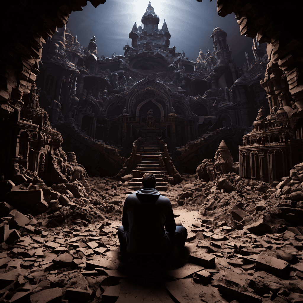 창작자의 정성스럽게 만든 모래성 예술작품이 거대한 저작권 표시 아래 무너지면서 지식재산권 침해로 인한 창작자의 좌절감을 상징적으로 표현한 이미지입니다.