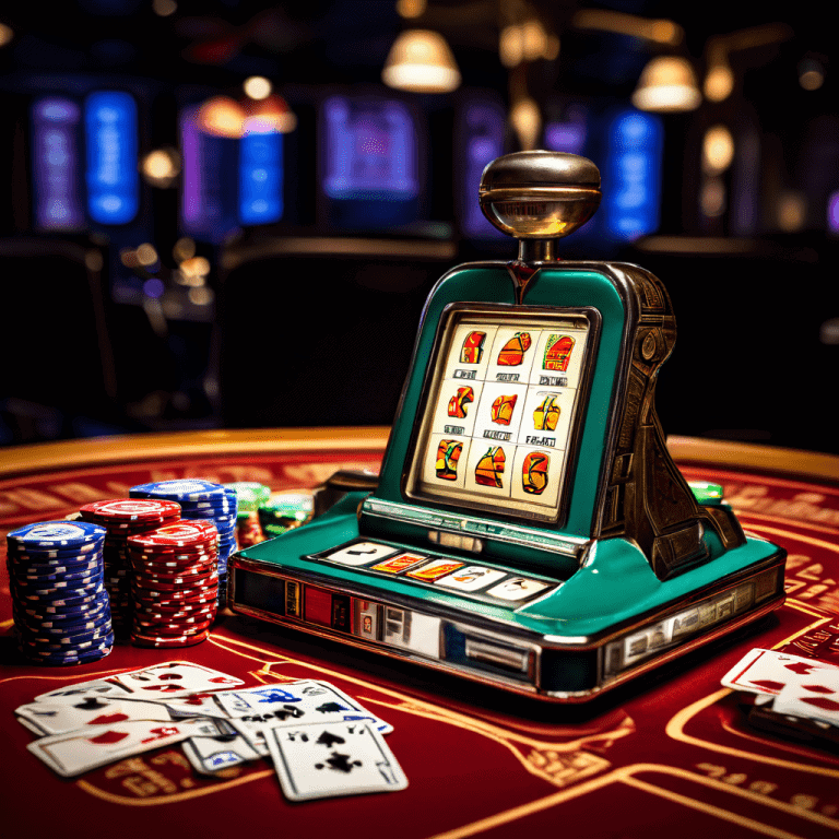 항공 마일리지 포인트 적립이 카지노 슬롯머신 레버를 당기는 것처럼 표현된 이미지로, 카지노 테이블 위의 카드와 주사위들과 함께 운에 맡기는 재미를 강조합니다.