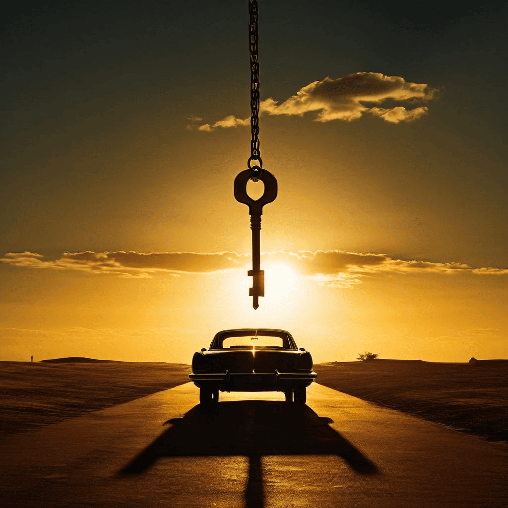 자유와 부의 상징인 금괴와 구속을 의미하는 감옥 철창이 절반씩 결합된 자동차 실루엣이 길 위에 긴 그림자를 드리우고, 열쇠가 물음