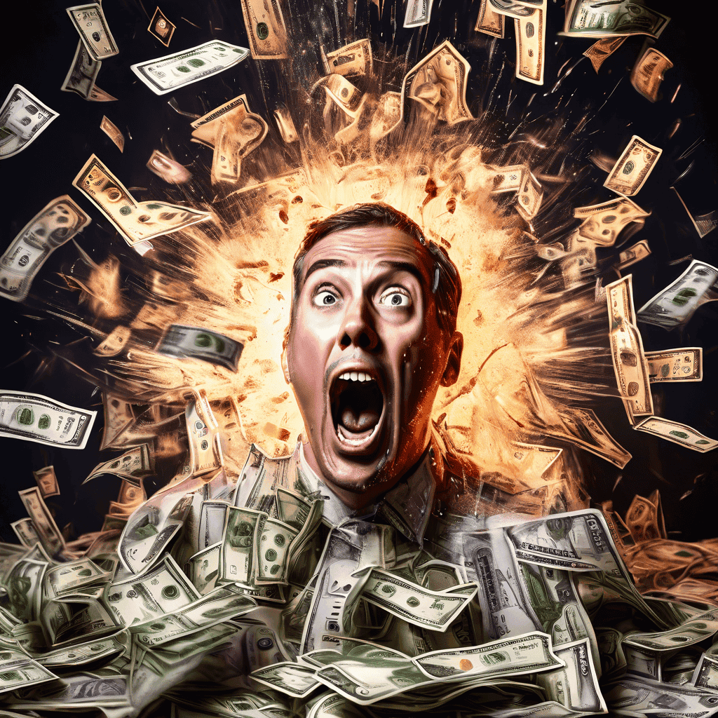 돈에 대한 충격과 탐욕을 상징적으로 표현한 이미지로, 사람의 머리가 동전과 지폐로 폭발하며 얼굴에는 놀란 표정이 선명하게 드러나 있습니다.