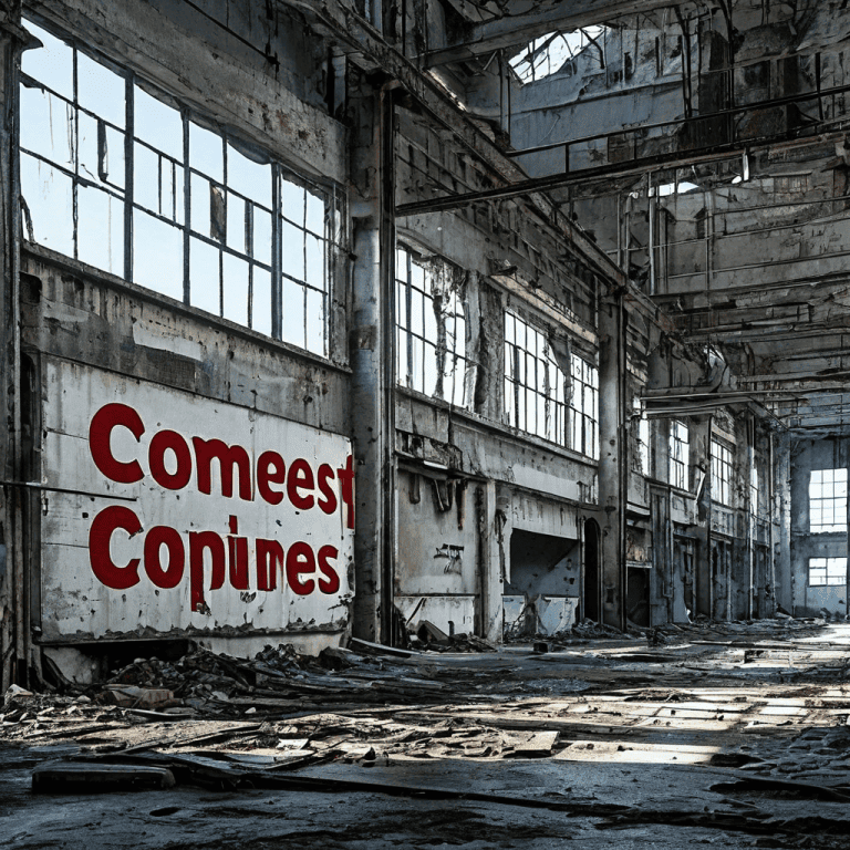 거대한 가격표 미끼가 달린 덫에 걸려 균열이 가고 무너지는 '경쟁력' 공장이 황폐한 산업 지대에서 붙잡힌 우울한 풍경을 보여주는 이미지입니다.