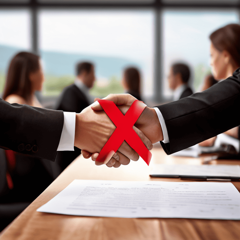 구두 약속과 책상 위의 정식 계약서가 충돌하는 상황을 상징적으로 보여주며, 두 문서 위의 빨간색 X 표시로 법적 구속력 차이를 시각화한 이미지입니다.