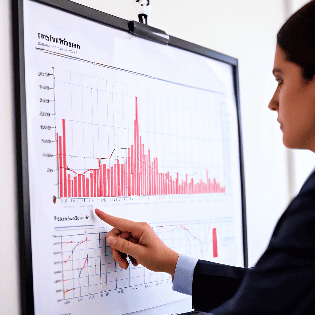 의사가 수익이 정체된 의료 차트를 가리키며 만족하지 못함을 나타내는 빨간색 불만족 스탬프가 찍혀 있는 상황을 보여주는 이미지입니다.