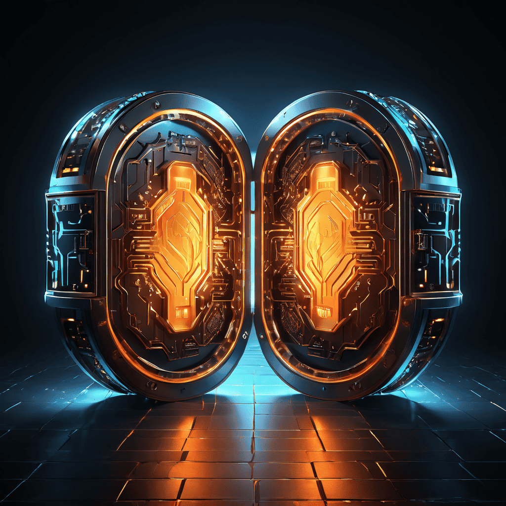 디지털 자산의 안전한 이동이라는 핵심 과제를 상징적으로 표현한 이미지로, 두 개의 보안 금고 사이를 방패 모양 암호화 데이터 터널이 연결하며 빛나는 디지털 코인이 전송되는 장면을 묘사합니다.