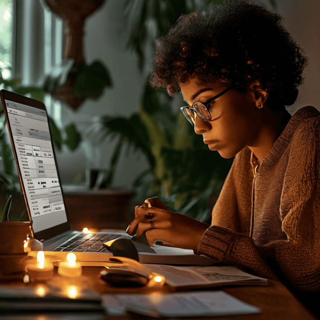 신용카드 명세서를 확인하며 포인트 미적립과 세액 공제 항목이 사라지는 모습에 당혹스러워하는 개인의 재무 관리 어려움을 표현한 이미지입니다.