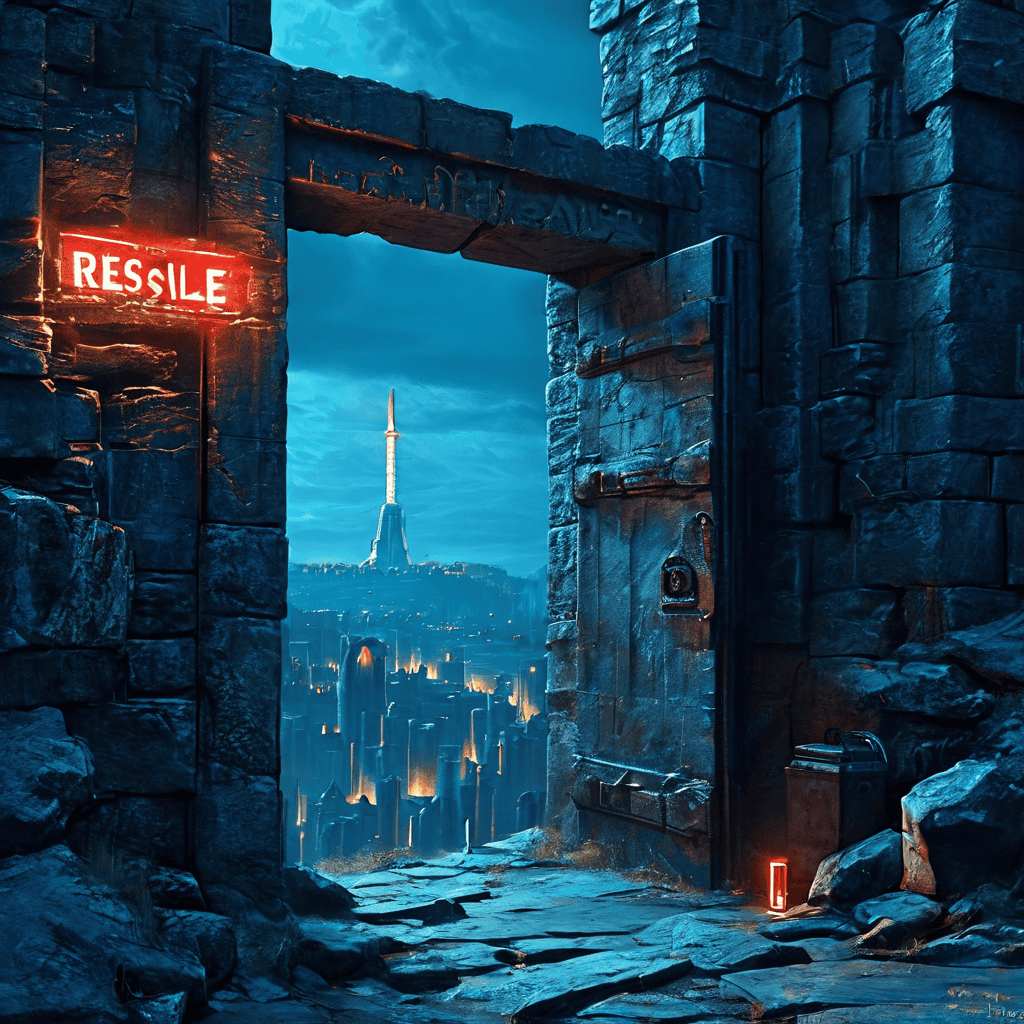 재판매 제한이라는 요새 벽에 열린 문 너머로 기회와 가능성이 빛나는 도시가 보이는 개념적 이미지입니다.