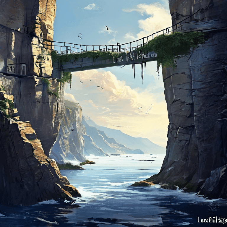 법적 요구사항과 현실 사이에 존재하는 커다란 간극을 전략이라는 끊어진 다리가 제대로 연결하지 못하고 있는 비즈니스 어려움을 상징적으로 보여주는 개념 이미지입니다.