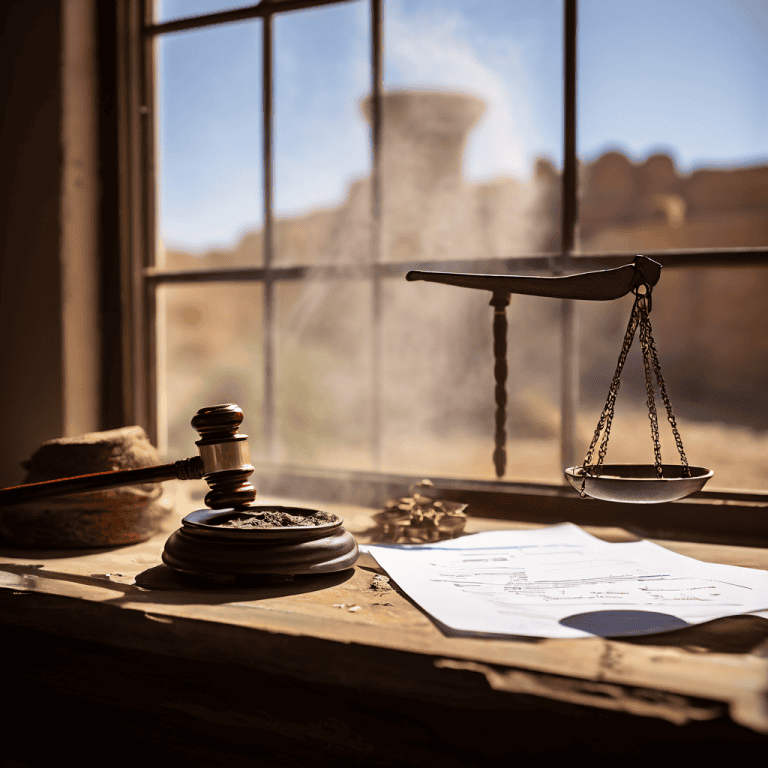 법적 책임과 소송 위험을 상징하는 저울 위에 낡은 창문과 파손된 배관이 올려져 있으며 배경에는 흐릿한 계약서가 놓여 있는 이미지입니다.
