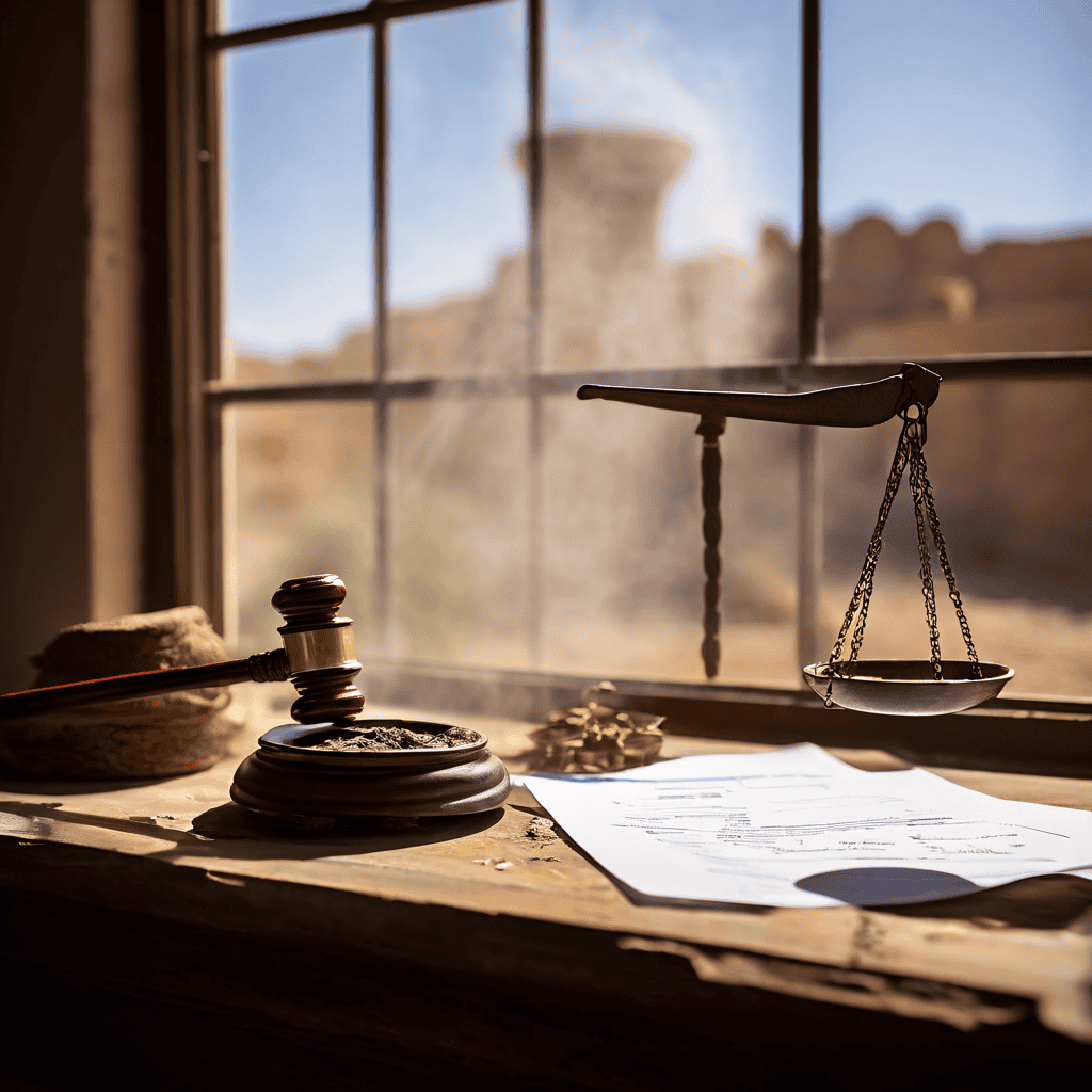 법적 책임과 소송 위험을 상징하는 저울 위에 낡은 창문과 파손된 배관이 올려져 있으며 배경에는 흐릿한 계약서가 놓여 있는 이미지입니다.