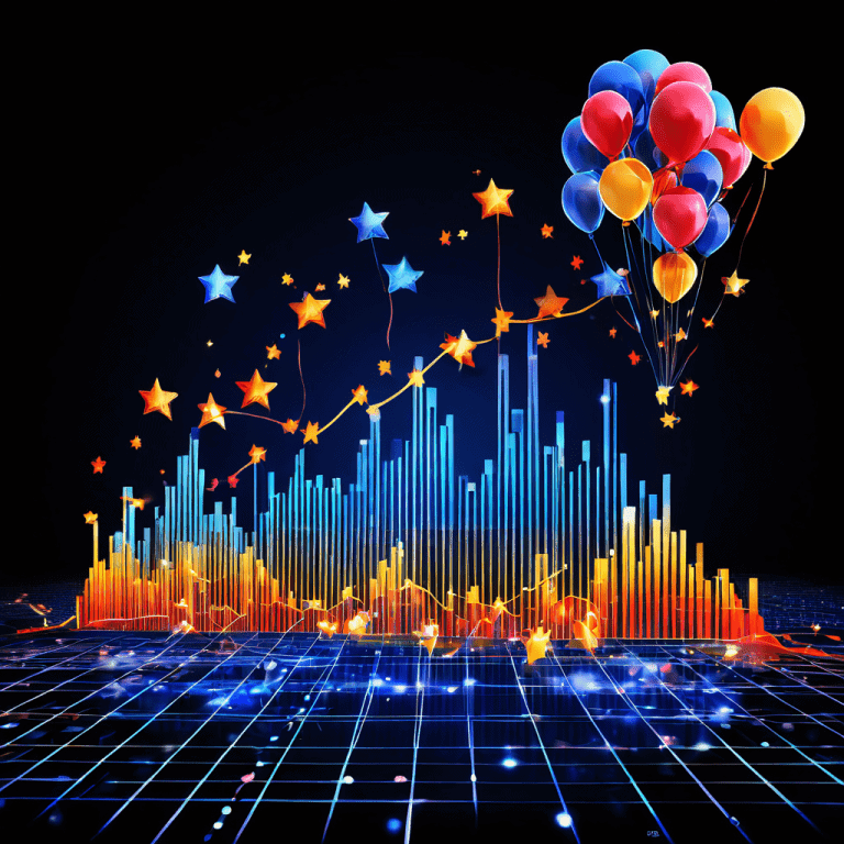 과열된 시장에서 별 다섯 개 평점이 풍선처럼 부풀어 오르며 가격과 품질 지표를 왜곡하고 시장 혼란을 초래하는 경제 그래프를 묘사한 이미지입니다.