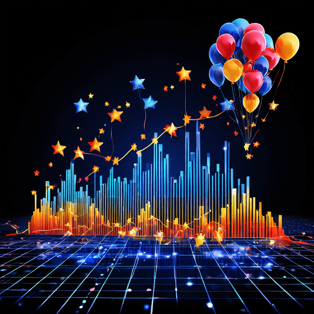 과열된 시장에서 별 다섯 개 평점이 풍선처럼 부풀어 오르며 가격과 품질 지표를 왜곡하고 시장 혼란을 초래하는 경제 그래프를 묘사한 이미지입니다.