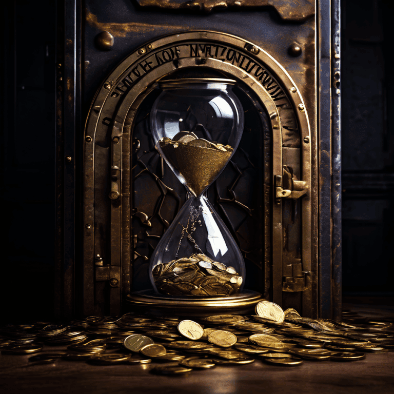 고객 유지의 중요성을 상징하는 손상되지 않은 '고객 유지' 금고와 달리, 고객 이탈을 의미하는 모래시계가 금전적 손실을 나타내는 동전을 새어나가게 하여 시스템 다운타임의 비용과 고객 유지의 가치를 대비적으로 보여주는 개념 이미지입니다