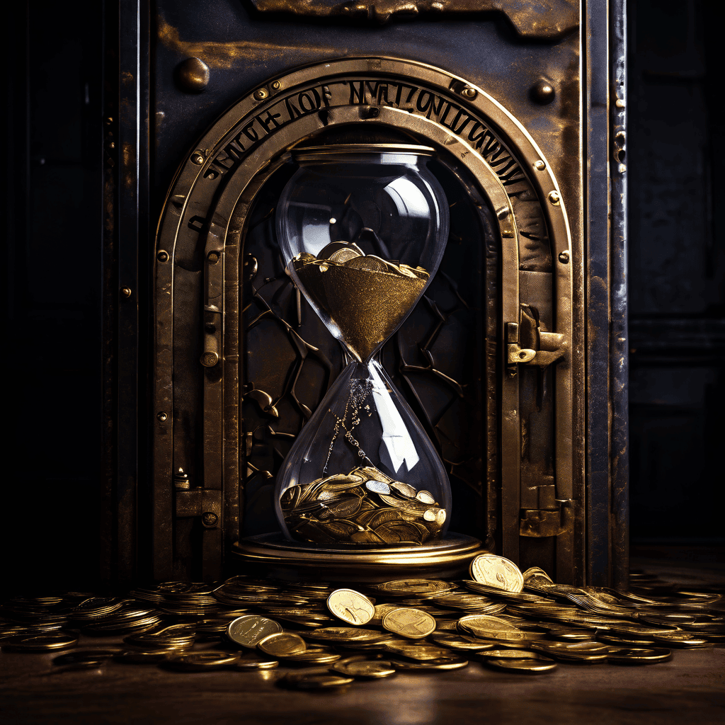 고객 유지의 중요성을 상징하는 손상되지 않은 '고객 유지' 금고와 달리, 고객 이탈을 의미하는 모래시계가 금전적 손실을 나타내는 동전을 새어나가게 하여 시스템 다운타임의 비용과 고객 유지의 가치를 대비적으로 보여주는 개념 이미지입니다