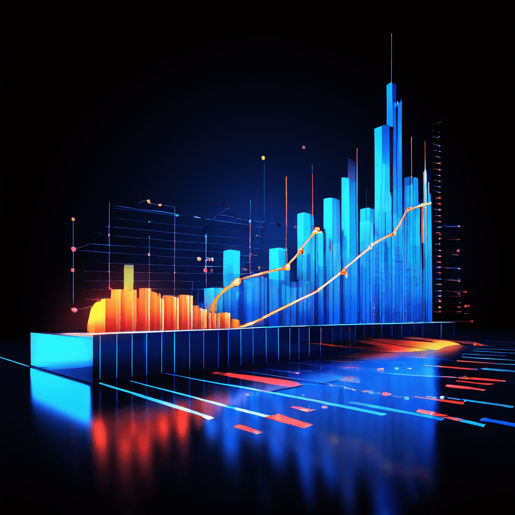 신뢰할 수 없는 바이럴 마케팅 블로그가 허위 데이터로 빛나는 과장되고 왜곡된 그래프와 차트, 오해의 소지가 있는 화살표를 사용하여 통계를 조작하는 모습을 보여주는 이미지입니다.