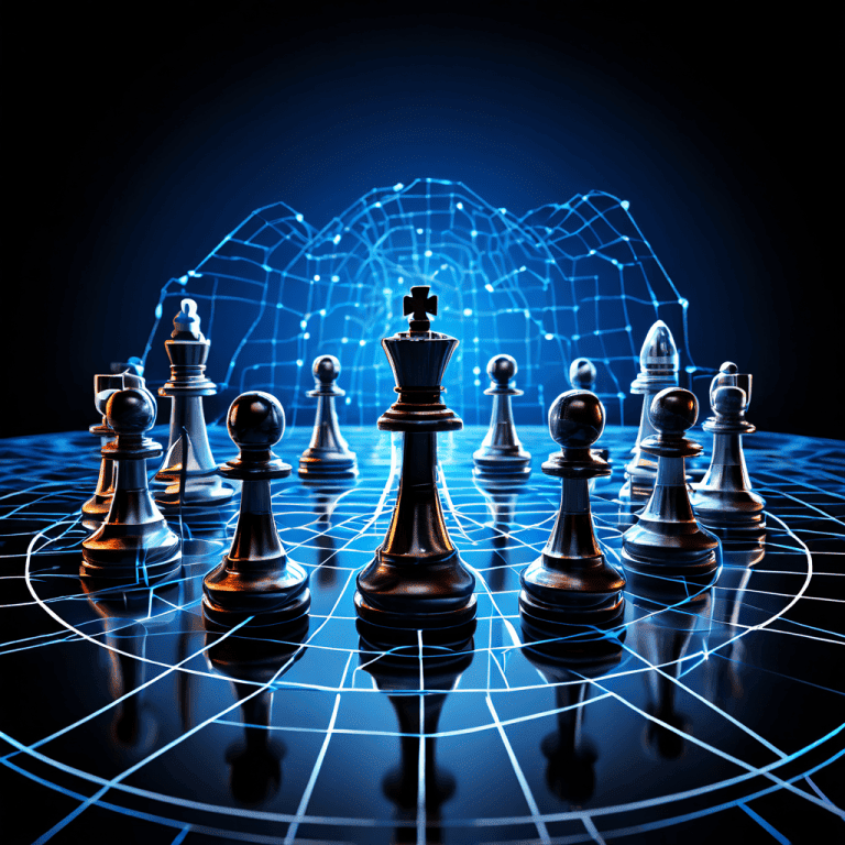 공개 IP 주소로 구성된 수학적 거미줄에 포획되어 체스 말처럼 불리한 배치를 취한 다중 사용자 계정을 표현한 개념도입니다.