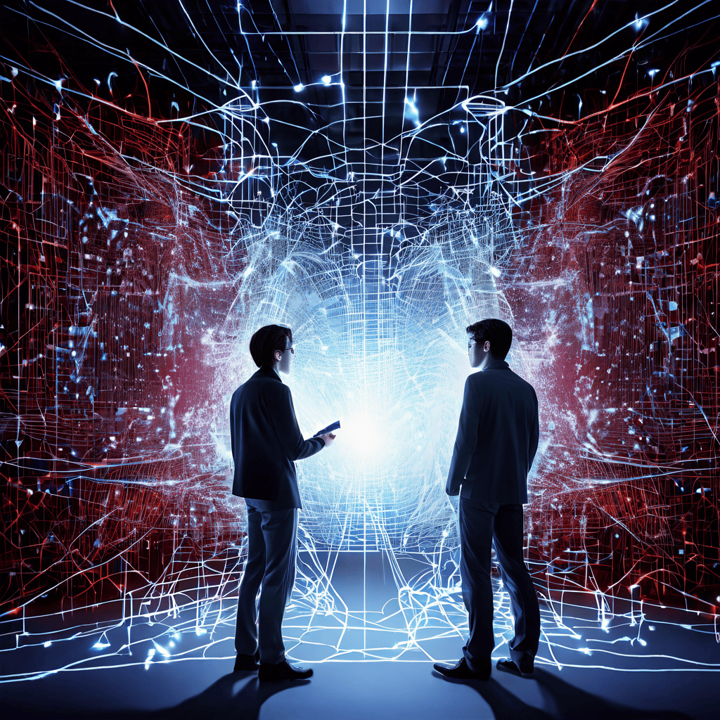 공공 와이파이 네트워크에 갇힌 디지털 도플갱어가 혼란스러운 데이터 스트림 속에서 동일한 IP 주소 두 개가 충돌하는 디지털 보안과 네트워크 정체의 개념을 시각화한 이미지입니다.