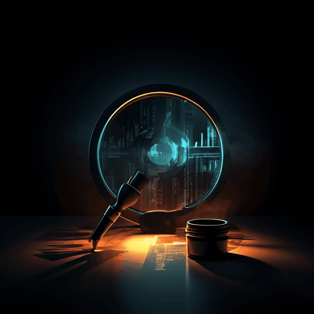 영화 분석 공식 위에 드리운 어둠의 그림자를 확대경으로 들여다보며 관객의 감정과 문화적 편향 같은 숨겨진 변수를 발견하는 개념을 시각화한 이미지입니다.