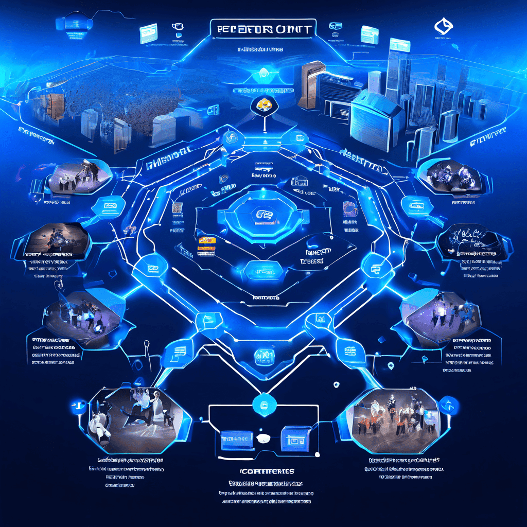 이스포츠 생태계의 핵심 구성 요소인 팀, 리그, 스폰서, 팬들이 어떻게 상호 연결되어 있는지를 개념적으로 보여주고, 그 위에 투명한 거버넌스 구조의 흐름도가 중첩되어 표시된 다이어그램입니다.