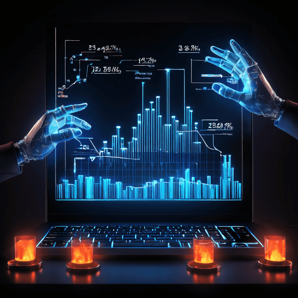 로봇 손이 여러 화면에서 빛나는 5성급 리뷰를 입력하는 모습을 그래프 상에 중첩하여 표현한, 인공적인 후기가 매출 상승에 미치는 영향을 시각화한 이미지입니다.