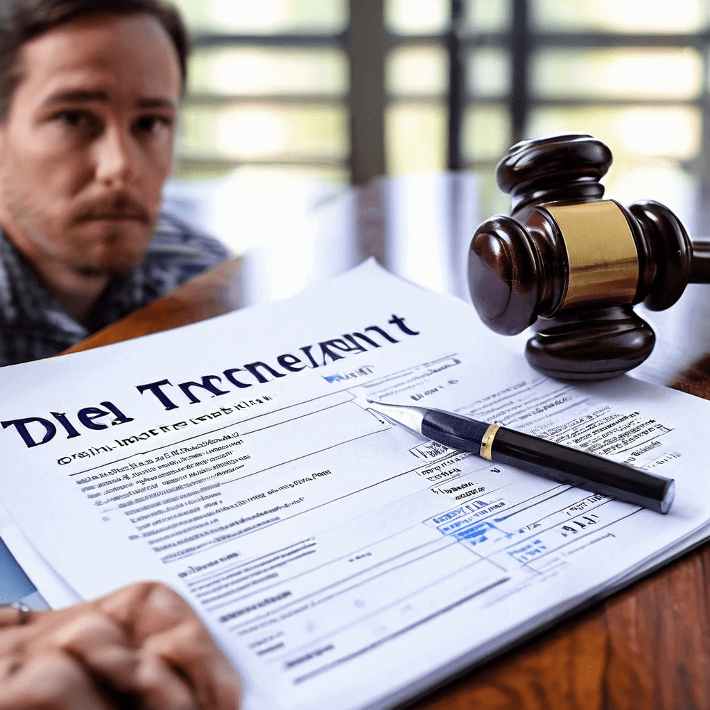 보험금 청구가 거절된 환자의 좌절된 표정과 엄격한 보험사 직원, 그리고 직접 치료 관련 세부 조항이 강조된 거절 문서가 의료 보험 문제를 상징적으로 보여줍니다.