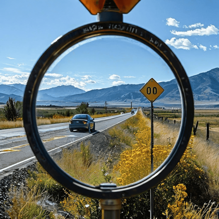 돋보기로 분석 중인 속도 제한 표지판으로, 법적 기준을 초과하거나 그 이상의 속도 위반을 강조하는 텍스트가 명확하게 표시되어 있습니다.