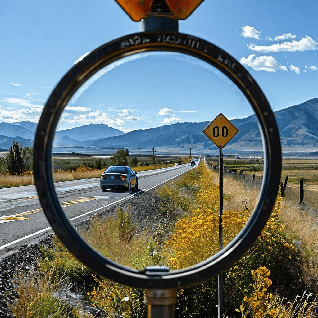 돋보기로 분석 중인 속도 제한 표지판으로, 법적 기준을 초과하거나 그 이상의 속도 위반을 강조하는 텍스트가 명확하게 표시되어 있습니다.