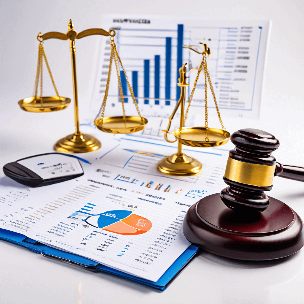 법원의 소비자 보호를 상징하는 법률 문서와 소비재가 담긴 쇼핑 카트를 저울과 분석 그래프가 함께 보호하는 모습을 표현한 이미지입니다.