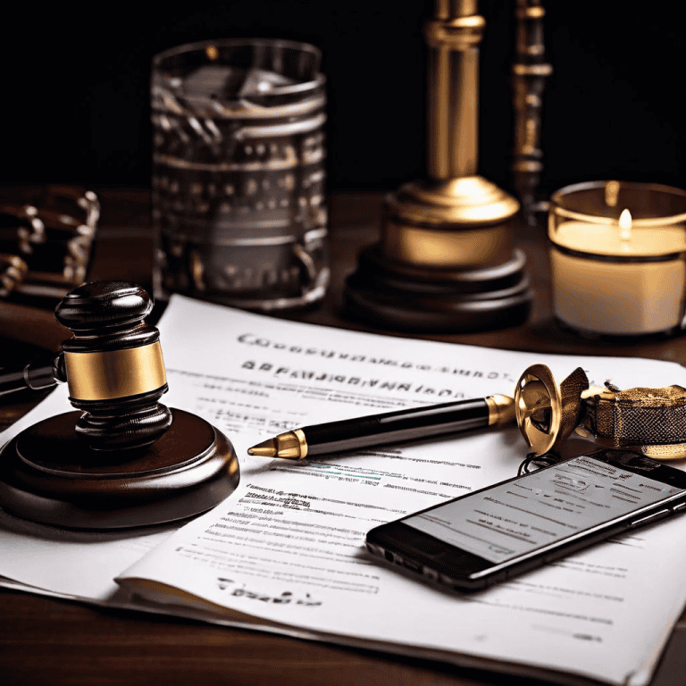 파손된 스마트폰과 소비자 과실 면책 조항이 강조된 법률 문서, 그리고 소비자 보증 분쟁을 상징하는 법봉이 나란히 놓여 있는 이미지입니다.