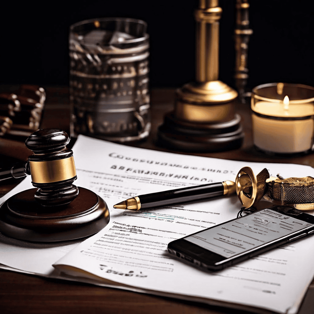 파손된 스마트폰과 소비자 과실 면책 조항이 강조된 법률 문서, 그리고 소비자 보증 분쟁을 상징하는 법봉이 나란히 놓여 있는 이미지입니다.