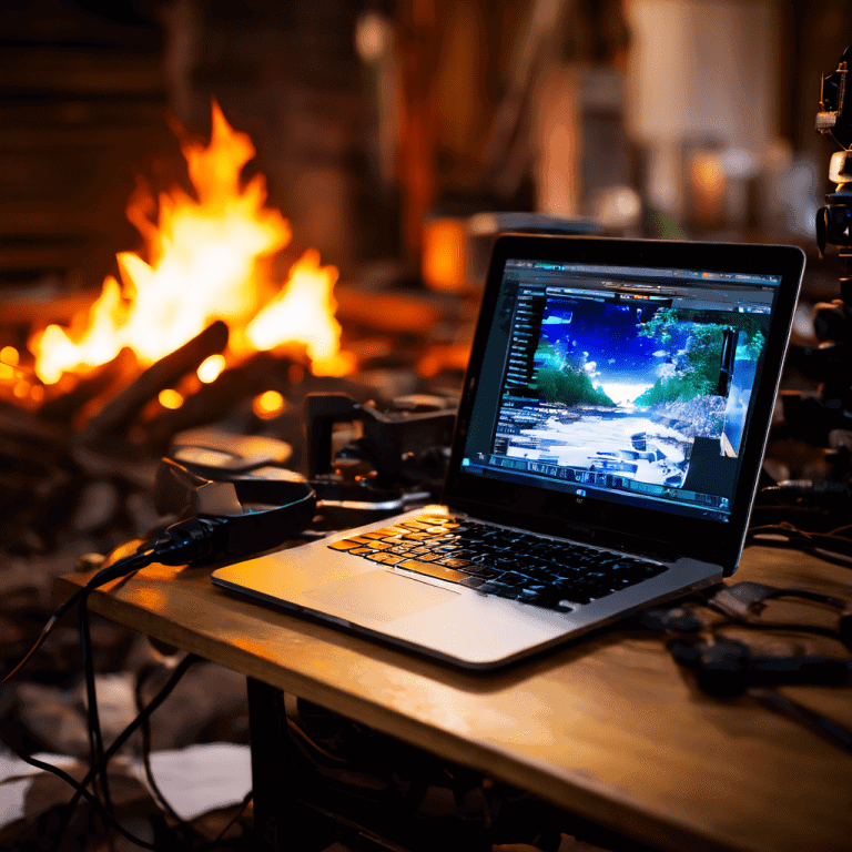 A streamer's hands adjust a high-end camera on a tripod in a dimly lit studio, with a laptop displaying streaming software on a bl