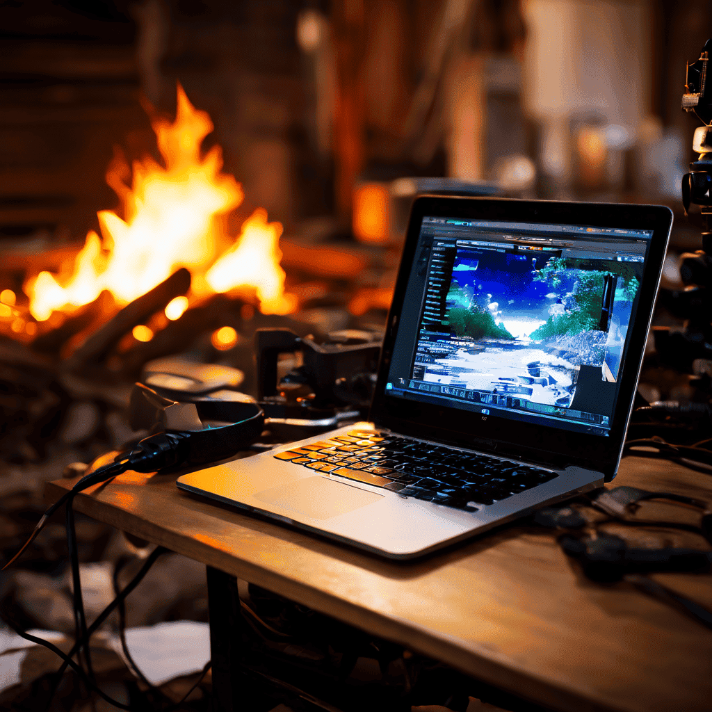 A streamer's hands adjust a high-end camera on a tripod in a dimly lit studio, with a laptop displaying streaming software on a bl