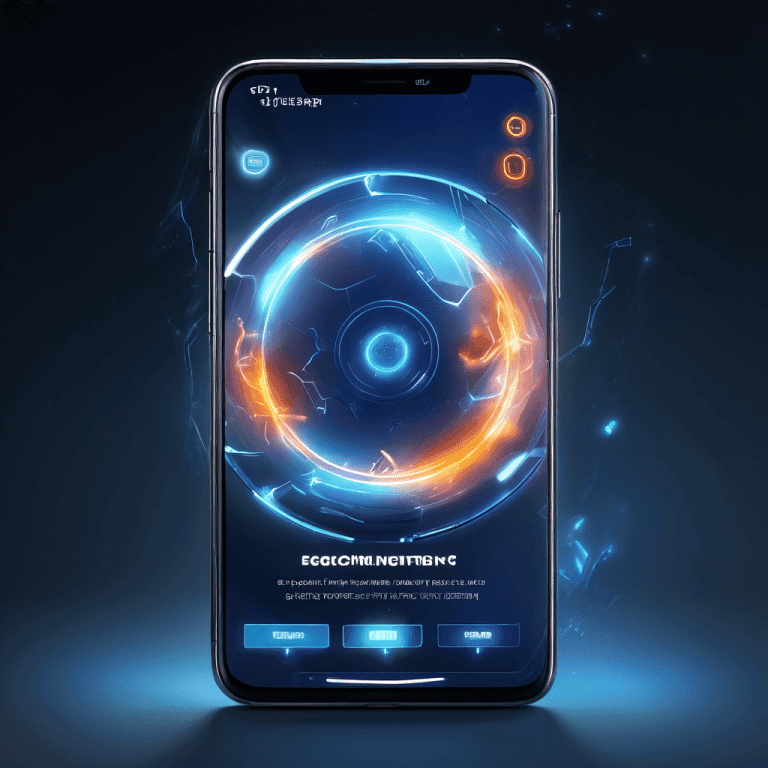 Futuristic mobile screen showing a secure confirmation sequence with layered interface glow and data flow paths.