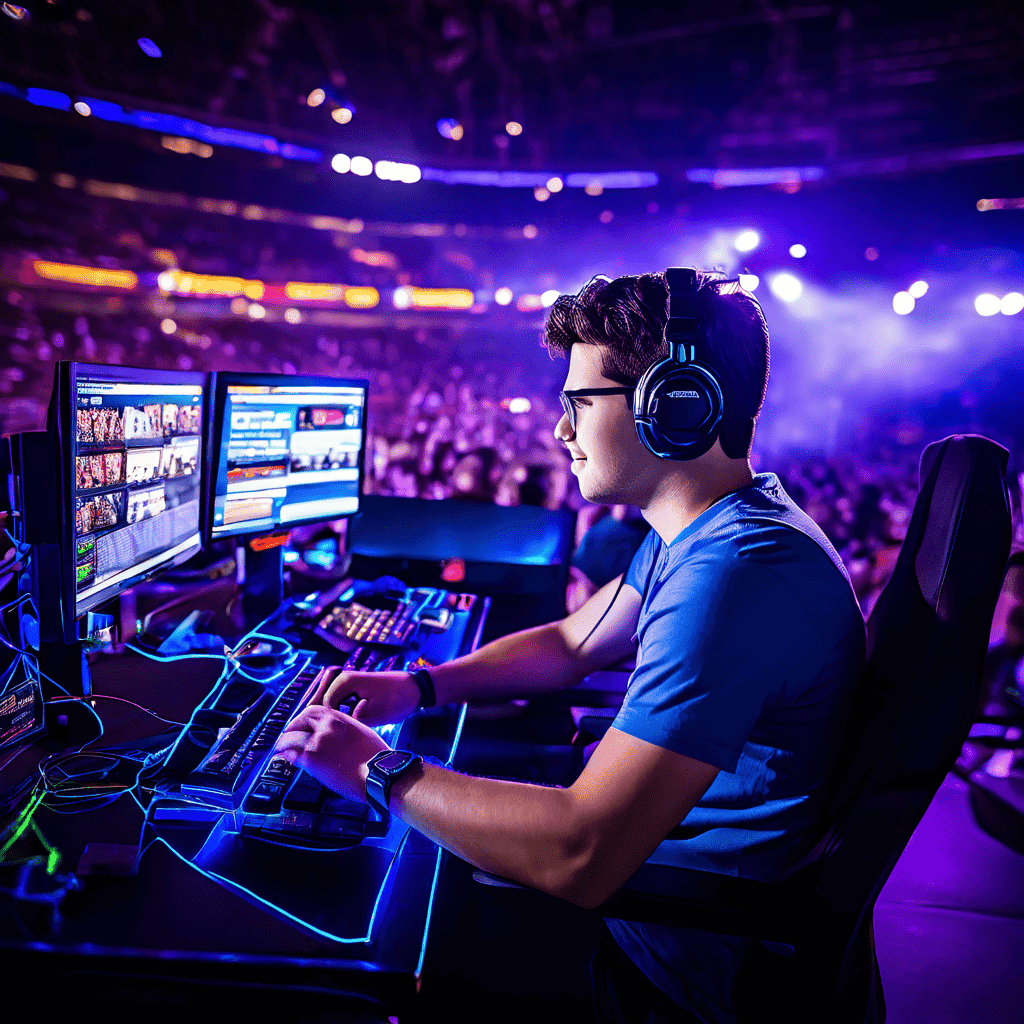 Two esports players sit side by side in a dimly lit gaming room, their hands resting on keyboards as they monitor a blurred laptop